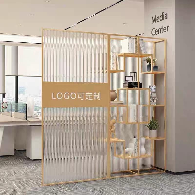公前台l办ogo铁艺公司前台玻璃隔断展示架公室隔司屏风展断厅形象