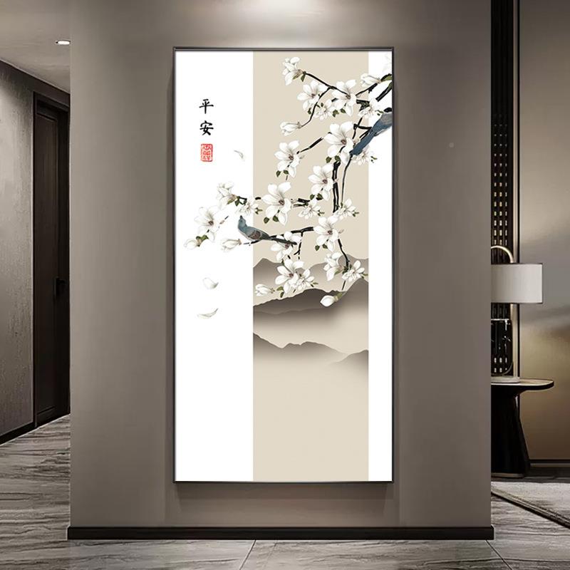 新中式花鸟玄关装饰画中国水墨山水风画廊走过墙面道装饰壁HF9021