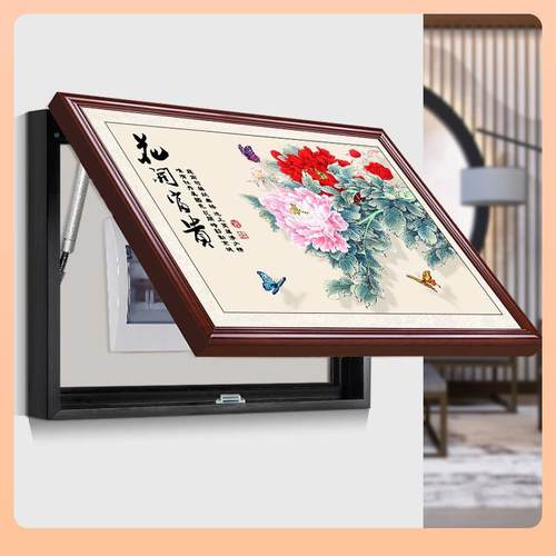 电箱装饰画中式推F76T5J67表拉式遮挡电箱新配电箱客厅富花开贵墙