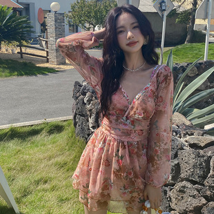 温泉泳装 大码 女 印花小胸聚拢保守遮肚显瘦长袖 泳衣女连体平角裙式