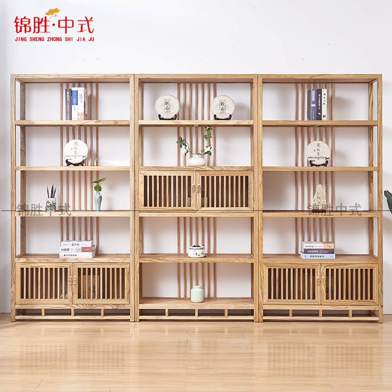 茶叶店展示柜陈列柜实木榆木带灯茶具博古架普洱茶饼架货架展示架