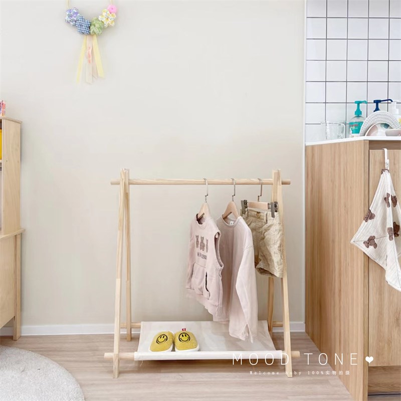 韩国ins儿童衣帽架原木风落地衣架简约现代实木晾衣架可移动晒衣