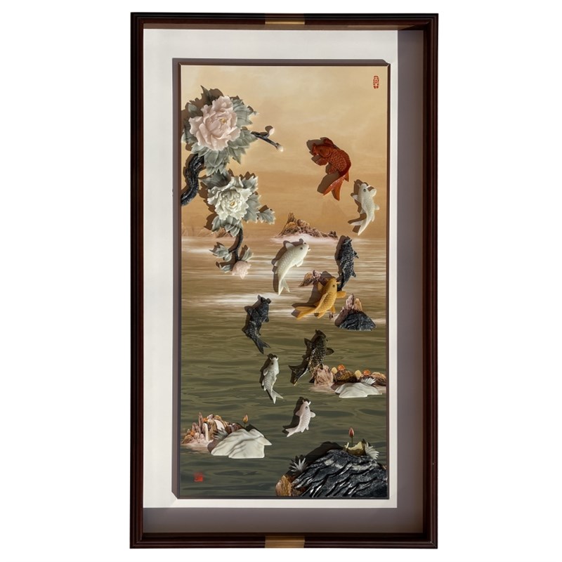 客厅新中式入户玄关装饰画挂画走廊过道实木挂件玉雕画带玻璃图片