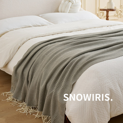 侘寂风床旗床尾巾民宿高级感人字纹搭毯沙发搭巾流苏素色床尾毯