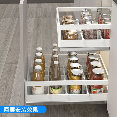 白色多层调味篮三层拉篮阻尼厨房橱柜厨柜304不锈钢抽屉式开门式