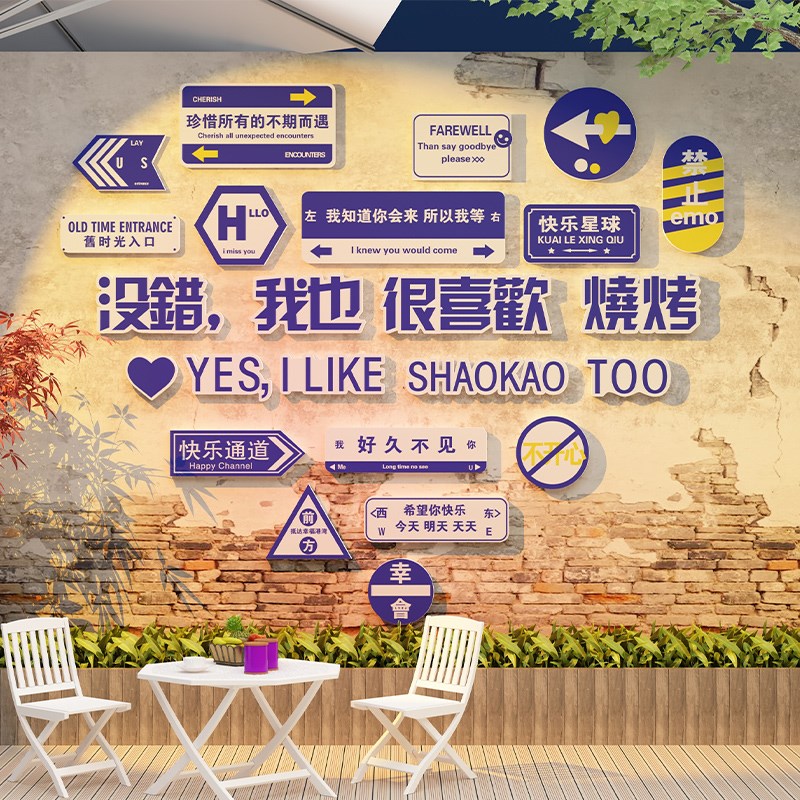 网红工业风烧烤肉火锅店墙面装饰品拍照区布置打卡背景墙贴纸壁画图片