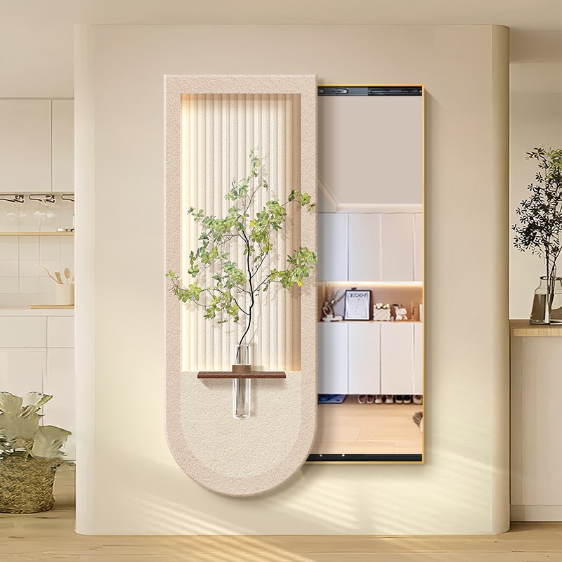 绿植奶油风玄关推拉全身镜壁挂式镜子画试衣镜隐藏式隐形穿衣镜