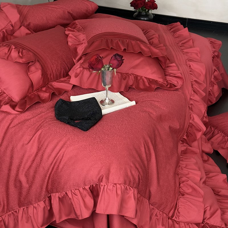 法式浪漫新婚庆四件套100S纯棉花卉刺绣被套红色结婚陪嫁床单床品