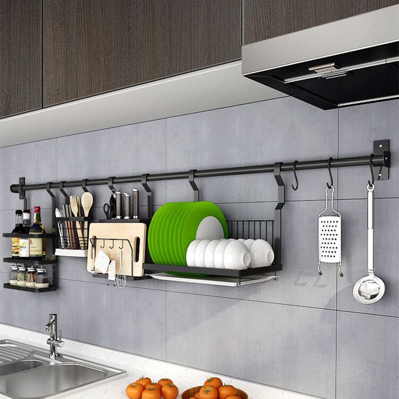 黑色厨房用品置物架 304不锈钢沥水碗架刀架壁挂式筷子调味料收纳