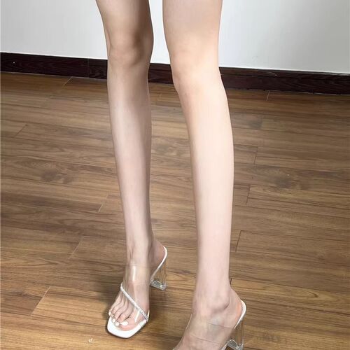 绝美法式透明高跟鞋凉鞋r女夏季新款粗跟白色水晶一字带凉拖鞋外