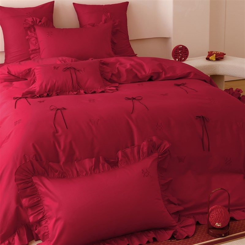 公主风蝴蝶结婚庆四件套100S长绒棉喜字被套红色纯棉结婚床上用品