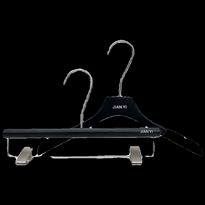 定制LOGO黑色实木衣架衣挂女服装店植绒木质衣撑裤夹银色长钩