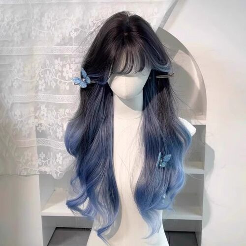 蓝色假发片女齐刘海黑蓝渐变长卷发不用J戴发网补发片巴黎画染假