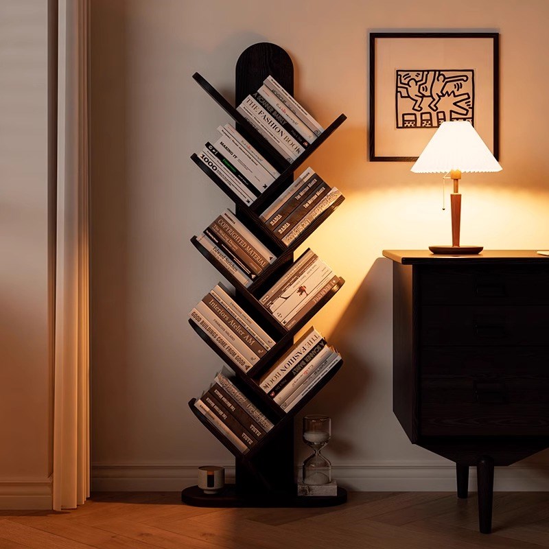 实木书架树形一体落地置物架家用靠墙多层收纳架书房简易阅读立架