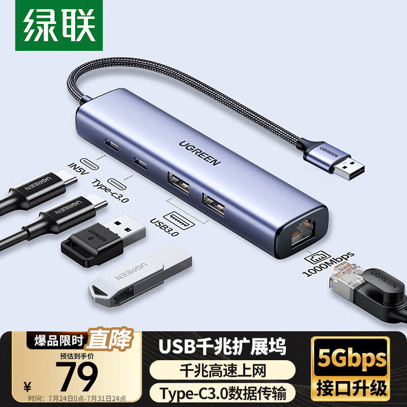 绿联USB扩展坞电脑hub分线器多接口usb3.0插头笔记本外接网线转接头usb转换器网卡连接插口多功能拓展集线器