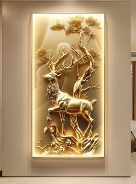 轻奢麋鹿正对门玄关装饰画迎客松入户带灯挂画立体感走廊过道壁画