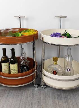 极简几马鞍移可动沙发边几复中古双T01层皮储物圆形小推车轻奢角