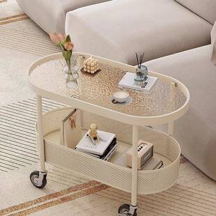 奶油风现代动21753小户型客厅移茶几纳沙发侧玻璃带轮简约收小边