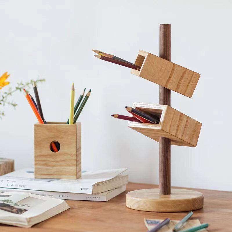 实木斜插笔多功能WUD创笔筒架办公室桌面装饰书房具饰品文收意纳