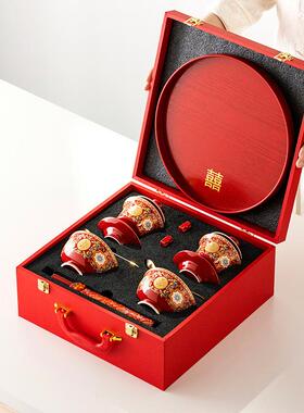 珐琅婚彩新婚碗筷套250405-0装中式陪茶具红色盖结嫁婚碗改口喜茶