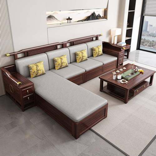 新中式金发实木沙茶几组合冬夏两用XDK轻奢客厅大小户型贵妃木沙