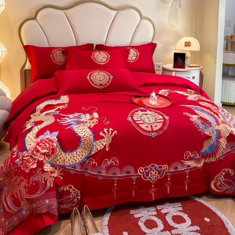 中式龙凤纯棉结婚四件套全棉刺绣被套大红色床单婚庆婚房床上用品