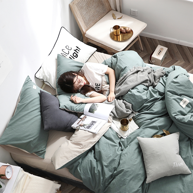 网红水洗棉床上用品1.8米全棉四件套纯棉少女床单被套ins风三件套