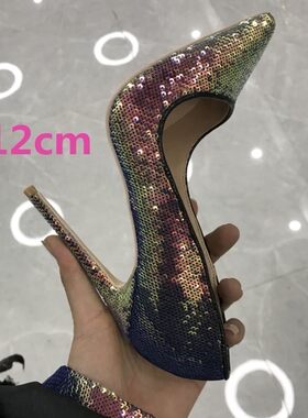 2021春款幻彩变色珠片尖头高跟鞋女细跟10cmQ婚宴会单鞋亮片鞋浅