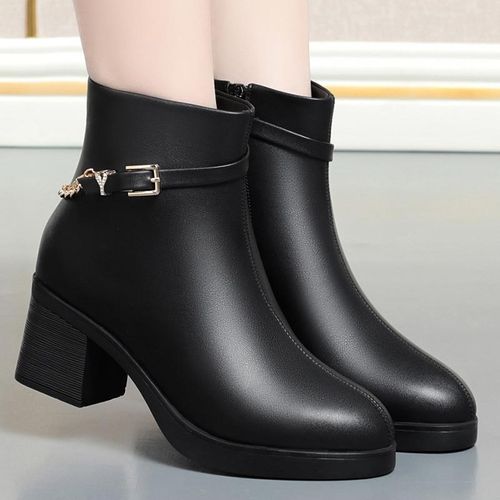 红青蜓链条短靴女粗跟显脚小妈妈鞋子春秋薄绒皮鞋女士软皮靴子冬