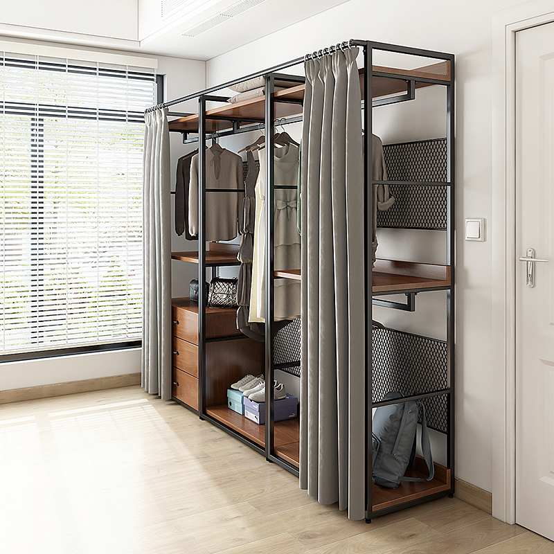 开放式实木衣柜家用卧室带抽屉经济型落地带帘子金属简易挂衣柜
