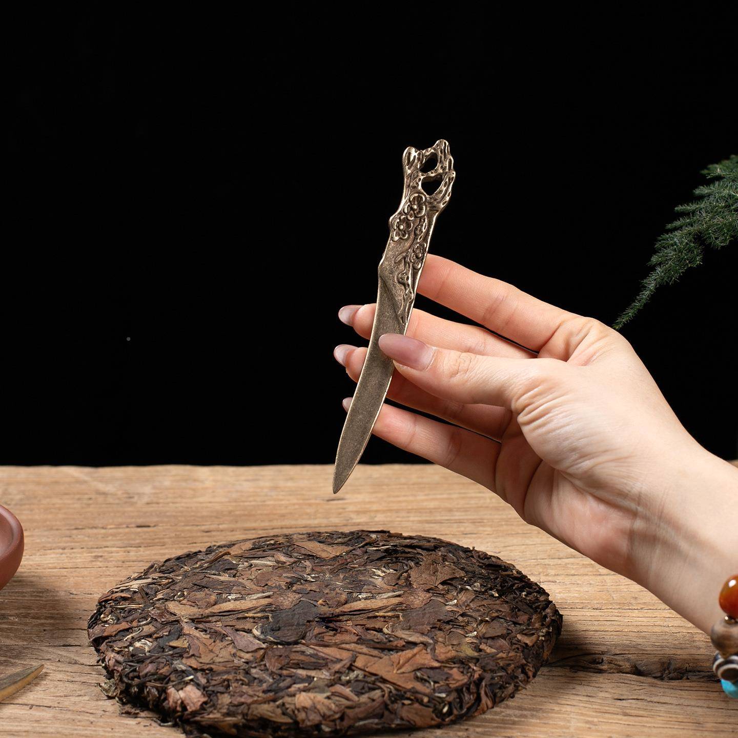 手工黄铜錾茶刀刻梅花茶2023.08.刀茶针洱茶白茶饼开茶撬工具普茶