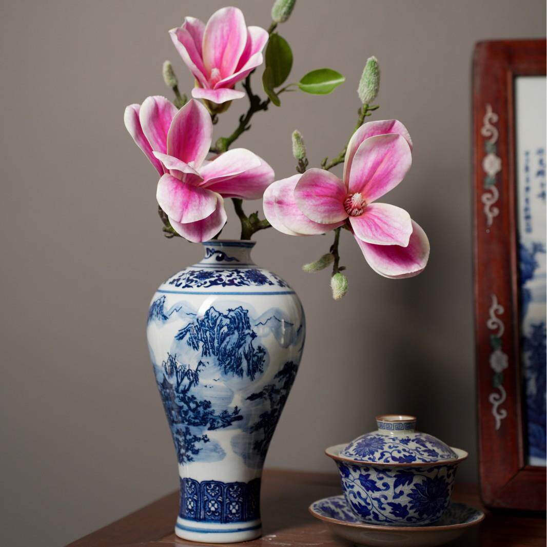 复古新中式陶山瓷花瓶带插盖山水画插青花瓷水画手绘带盖可现储物