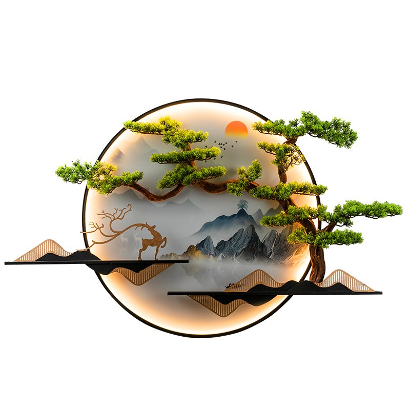 新中式沙发客厅背景墙装饰画圆形带灯立体迎客松走廊茶室玄关壁1图片