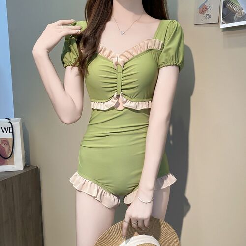 泳衣女2024新j款连体遮肉显瘦牛油果绿小胸聚拢钢托保守温泉高级
