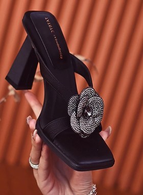 花朵紫色凉拖鞋女夏季方头细跟高跟鞋2025年新款时尚外穿一字拖鞋