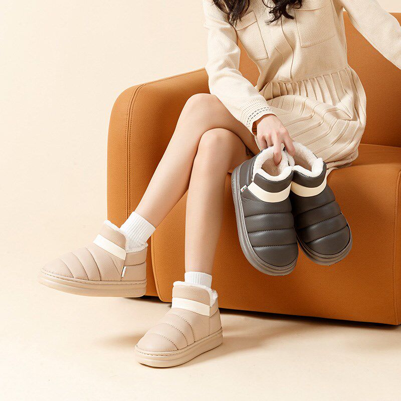 老人防滑棉拖鞋女加绒包跟皮面防水室内居家老年人秋冬天棉鞋