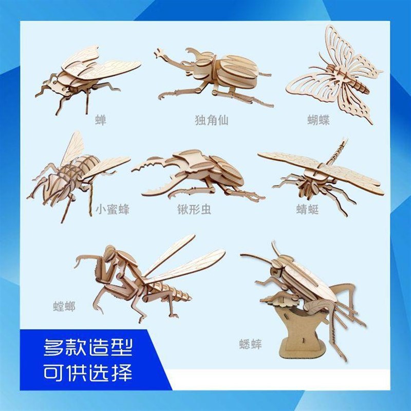 儿童DIY木制玩具模型益智立体拼图手工拼装涂色昆虫动物模型积木