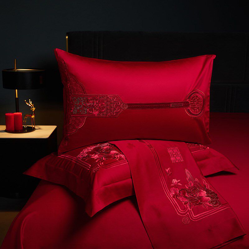 结婚床上用品四件套婚庆婚房喜被高级感床单被套红色婚礼被罩