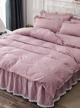 纯棉100%四件套床裙式r全棉床上床罩款带1.8m米被套荷叶边公主风