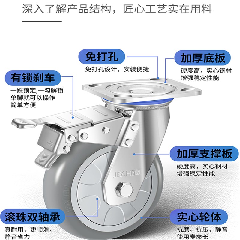 防缠绕超静音重型万向轮子带刹车定向轮4568寸轮子转向橡胶轮脚轮
