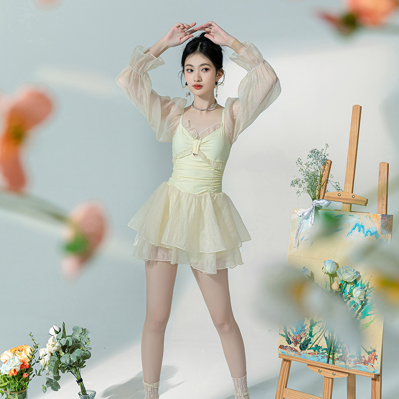【月色朦胧】连体裙式遮肚显瘦保守温柔杏色仙气泳衣微胖女孩遮肉