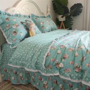 田园风绿色小碎花全棉花卉四件z套纯棉荷叶边床单花边被套床上用