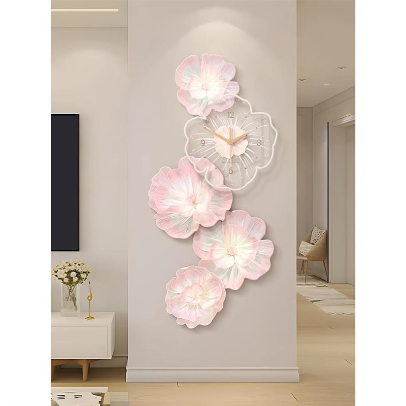 牡丹花电视背景墙装饰画入户玄关过道挂画高级感壁画钟表客厅挂钟图片