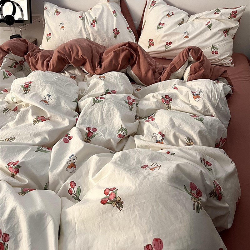 韩系少女可爱玫瑰小兔水洗棉四件套小碎花全棉被套宿舍三件套床单