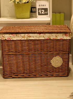 收纳筐藤编柳编竹编方形带盖超大收纳I盒编织脏衣篮子整理箱储物