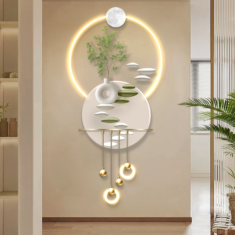 奶油风入户玄关装饰画led发光灯画走廊过道尽头立体挂画绿植壁画