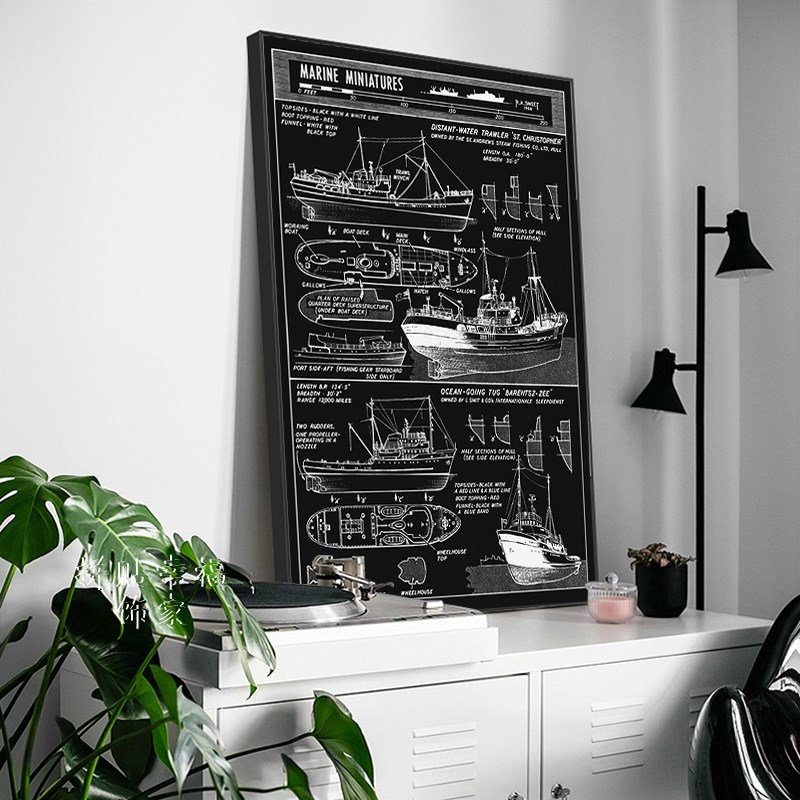 工业风军舰装饰画高级感黑白轮船线稿图现代客厅壁画巨幅玄关挂画