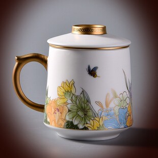 渡景山房羊脂玉素烧白瓷泡茶杯茶水分离办公室水杯陶瓷水杯