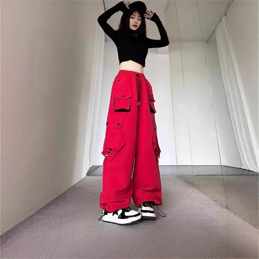 红色工装裤女2026新款显瘦高腰直筒美式拽步舞宽松运动休闲裤子潮