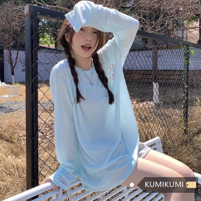 慵懒风松弛感蓝色上衣字母印花罩衫T恤女夏季薄款休闲宽松防晒衫